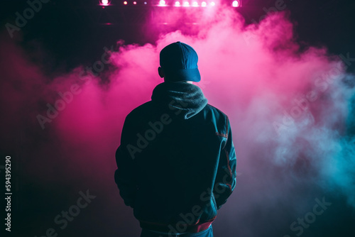 Artist rapper at a music concert on stage singing seen from the back with pink and blue smoke. Hip hop rap artist live performance. Ai generated