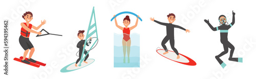 People Characters Swimming and Doing Water Sport Vector Illustration Set