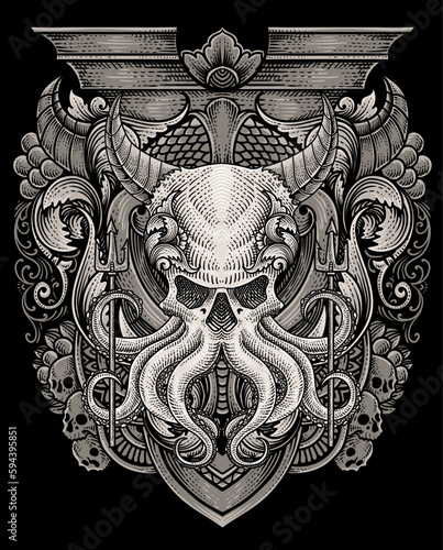 illustration demon octopus with two trident antique engraving ornament style good for your merchandise dan T shirt