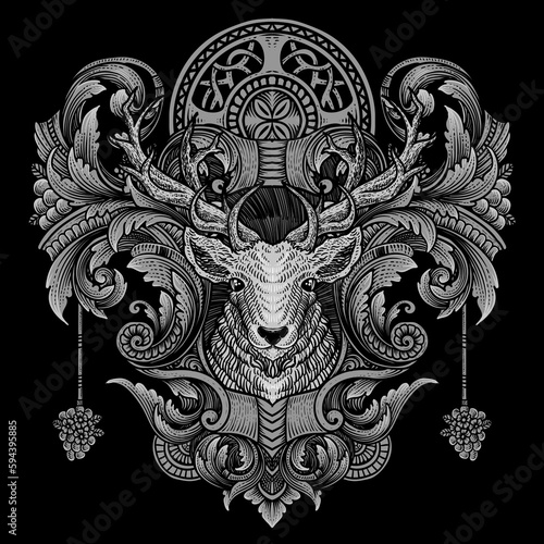 illustration deer head with antique engraving ornament style good for your merchandise dan T shirt