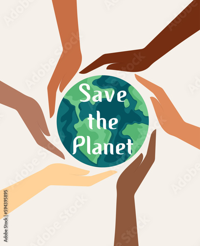 Postcard or banner for Earth Day. Save the Planet. Hands protecting the Earth. Vector illustration in a flat style. Isolated on a white background.