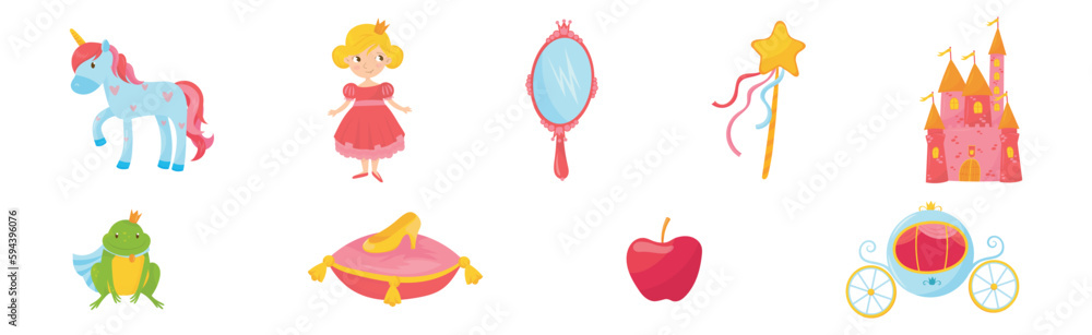Princess Tale with Unicorn, Castle, Mirror, Shoe, Frog and Carriage Vector Set