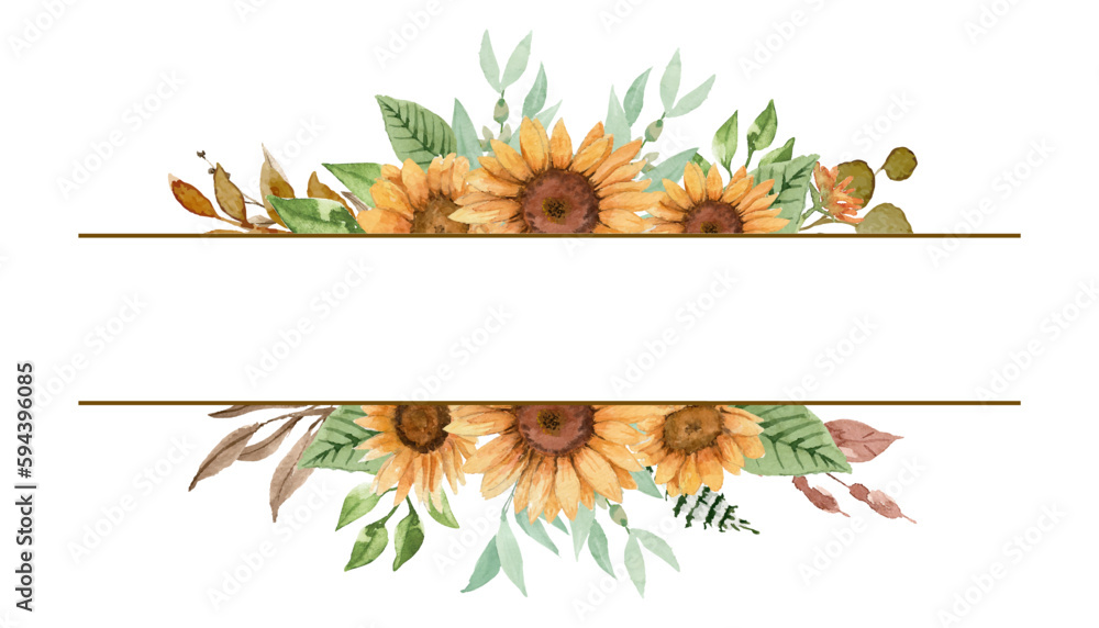 Flora frame sunflower and white watercolor template 