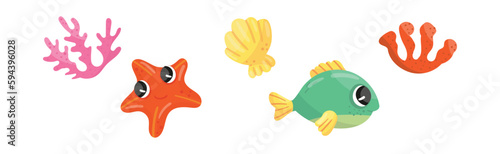 Cute Sea Animals with Scallop, Coral, Fish and Starfish Vector Set