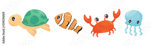 Fotografiet Cute Sea Animals with Turtle, Crab, Fish and Jellyfish Vector Set