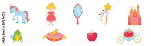 Princess Tale with Unicorn, Castle, Mirror, Shoe, Frog and Carriage Vector Set