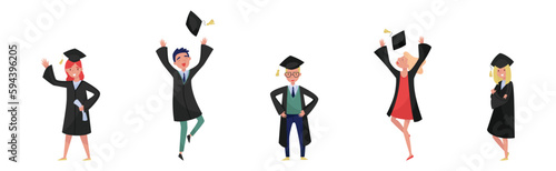 Delighted Boy and Girl Students in Academic Gown and Square Cap Cheering About Graduation Ceremony Vector Set