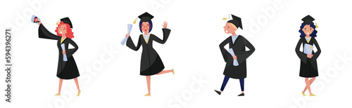Delighted Boy and Girl Students in Academic Gown and Square Cap Cheering About Graduation Ceremony Vector Set