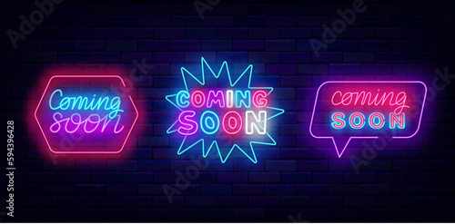 Coming soon neon labels set. Geometric and comics explosion frames. Show advertising. Vector illustration