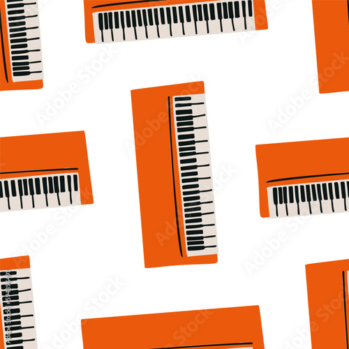 Seamless pattern with illustration of musical instrument synthesizer in cutting style orange on white background