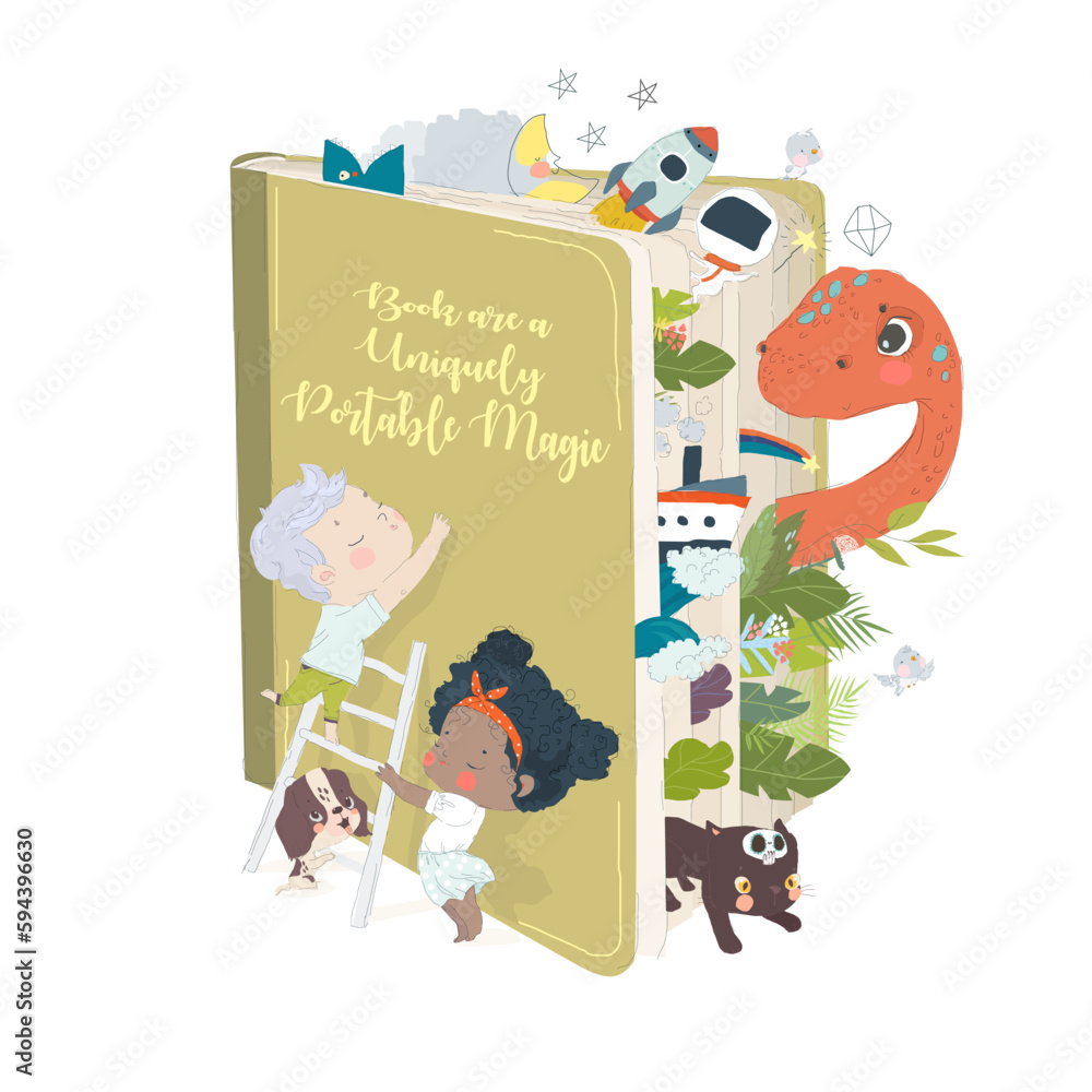 Fototapeta premium Cute Cartoon Kids standing near Open Book with Donosaur, Rocket, Boat