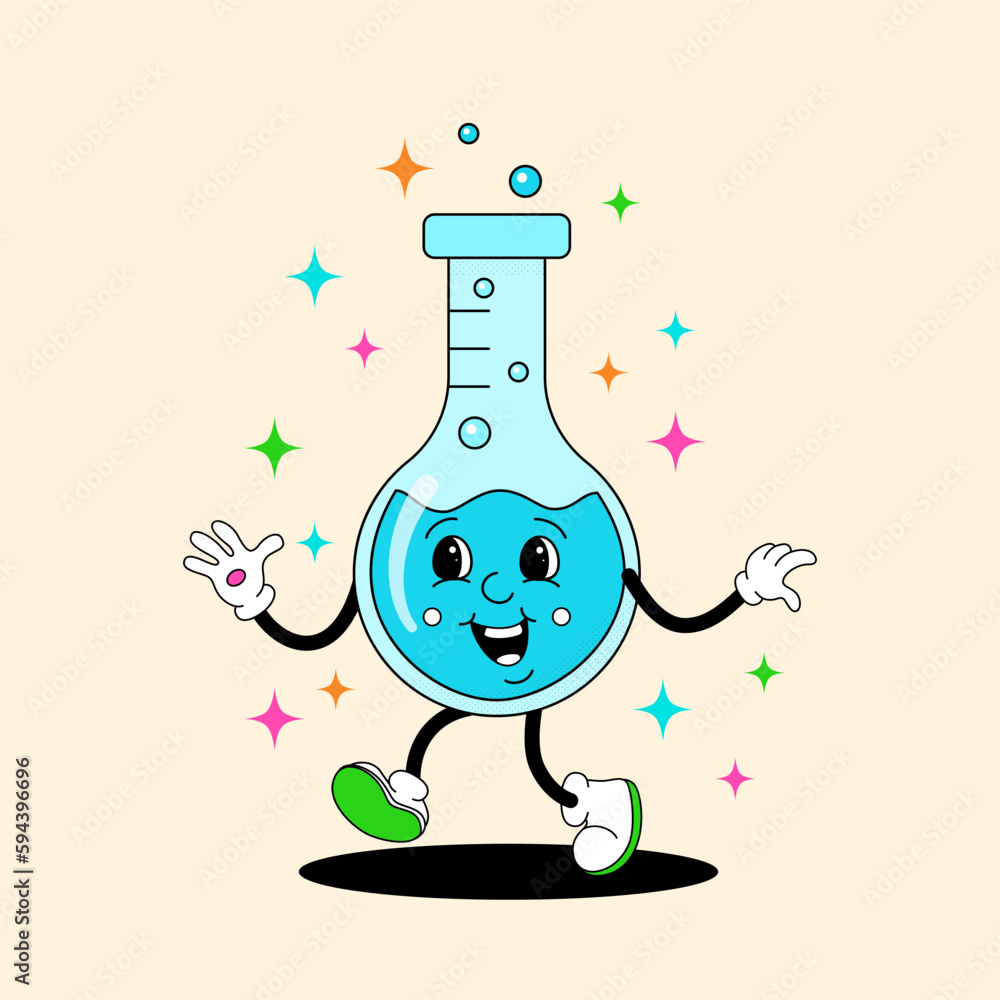 Naklejka premium Comic flat blue Flask with face on decorated background. Vector cartoon laboratory equipment illustration in retro style. Square image of cute school supply character with smile for banner or sticker