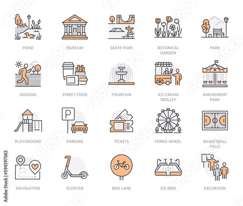 Park flat line icons set. Botanical garden, carousel, ferris wheel, museum excursion, pond, street food, playground, fountain vector illustration. Thin signs of outdoors. Orange color Editable Stroke