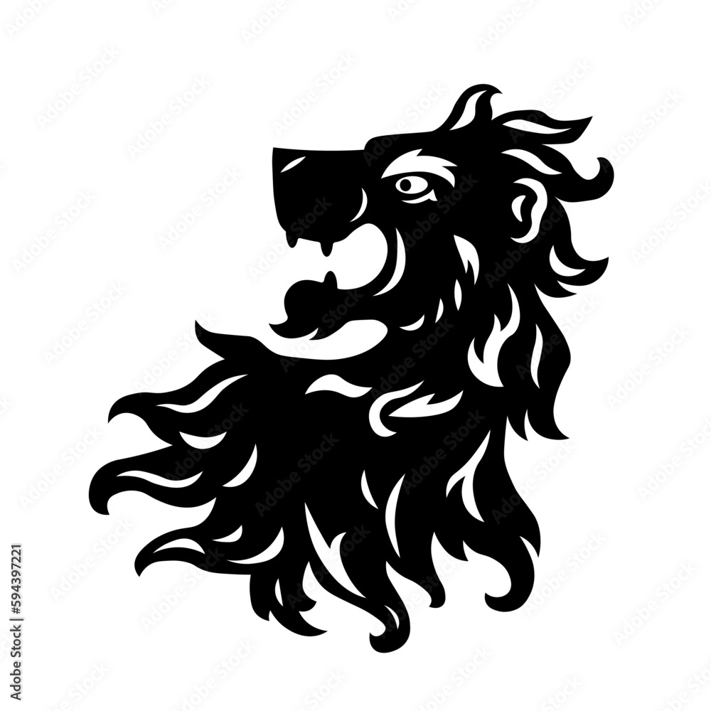 Fototapeta premium Heraldic lion head. Symbol, sign, line, icon, silhouette, tattoo. Isolated vector illustration.