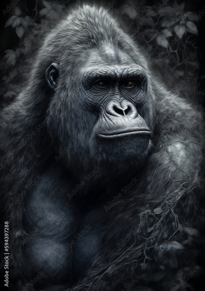 Obraz premium Illustration of a King Kong in a fictional scenery for frame. Fantasy animal concept art. Generative AI
