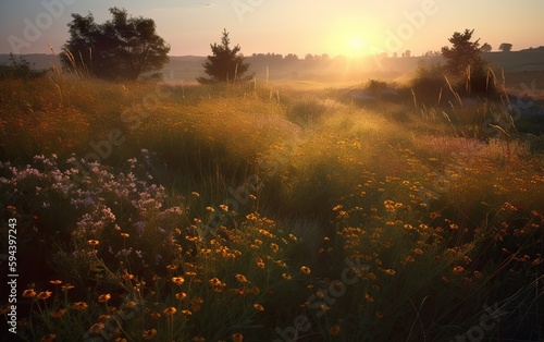 Beautiful photo, a field of many wildflowers at sunset, for your design, AI