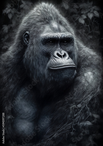 Illustration of a King Kong in a fictional scenery for frame. Fantasy animal concept art. Generative AI