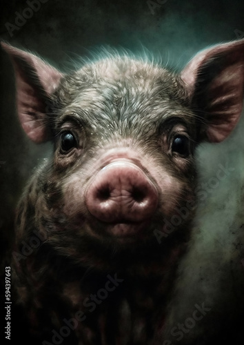 Illustration of a Pig in a fictional scenery for frame. Farm animal concept art. Generative AI © gnpackz