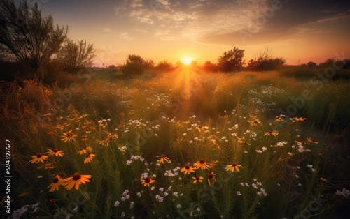 Beautiful photo, a field of many wildflowers at sunset, for your design, AI