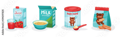 Baby Food with Milk Porridge, Formula, Juice and Cookie Vector Set