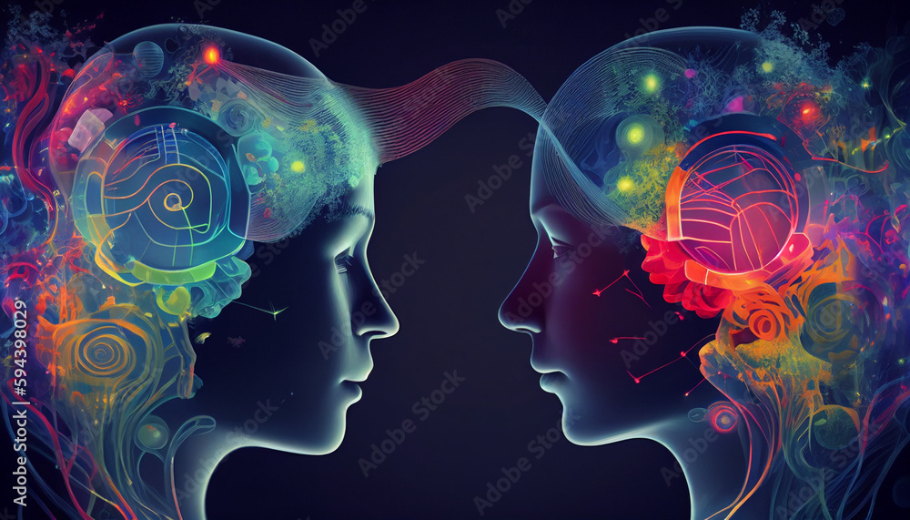 Darstellung Kommunikation Grafik mit 2 Köpfen, Gehirn Aktivität beim Sprechen, Generative AI  - obrazy, fototapety, plakaty 