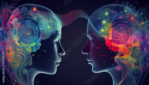 Darstellung Kommunikation Grafik mit 2 Köpfen, Gehirn Aktivität beim Sprechen, Generative AI  photo