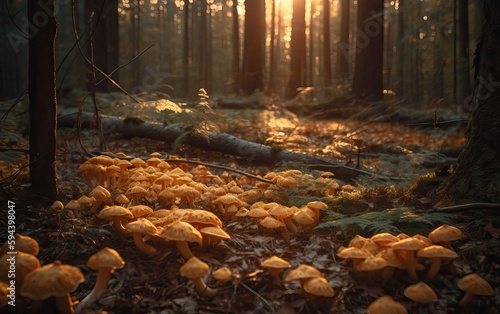 Chanterelles mushrooms in the forest at dawn, photography, AI
