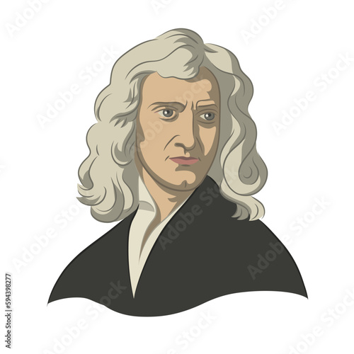Portrait of Isaac Newton. Mathematician, Physicist, Astronomer, Alchemist, Theologian. Colorful, Line, Fill and Shadows. Isolated vector illustration.