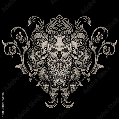 Illustration of viking skull head with vintage engraving ornament in back perfect for your business and Merchandise