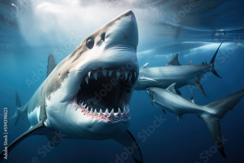 A scary and adrenaline-filled moment as a shark with its jaws open swims towards the camera in the ocean's clear blue water. AI Generative. © sorapop