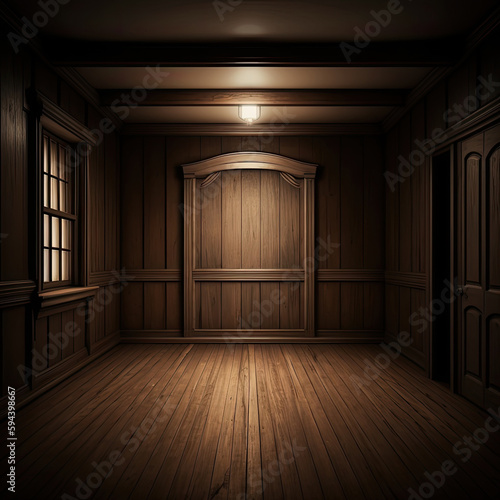 Wooden interior room with wooden wall and wooden floor. Generative AI