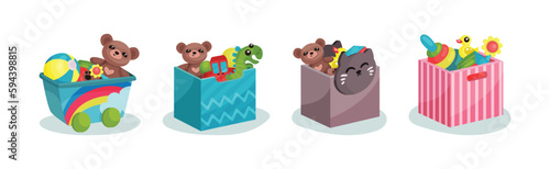 Boxes and Plastic Containers Full of Children Toys Vector Set