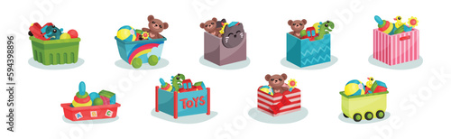 Boxes and Plastic Containers Full of Children Toys Vector Set