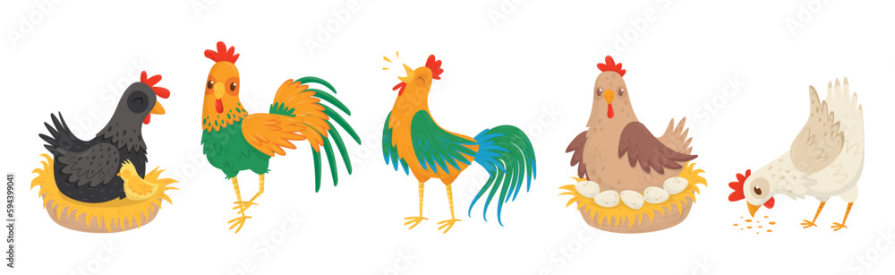 Hen and Cockerel with Chicks and Hay Nest Vector Set