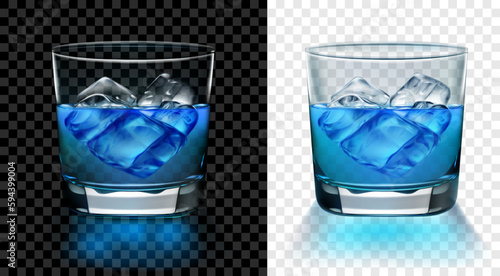 Translucent glass of blue water with ice cubes. Two options, for dark and light background. Transparency only in vector format
