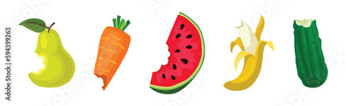 Bitten Fruits and Vegetables Isolated on White Background Vector Set