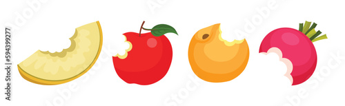 Bitten Fruits and Vegetables Isolated on White Background Vector Set