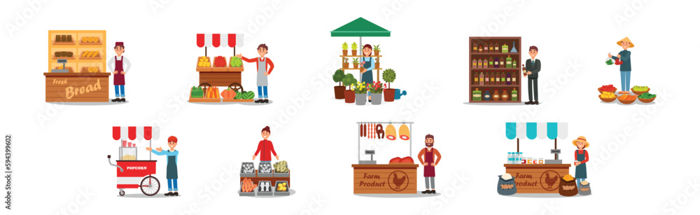 Man and Woman Vendor Standing at Street Booth or Stall with Food Vector Illustration Set