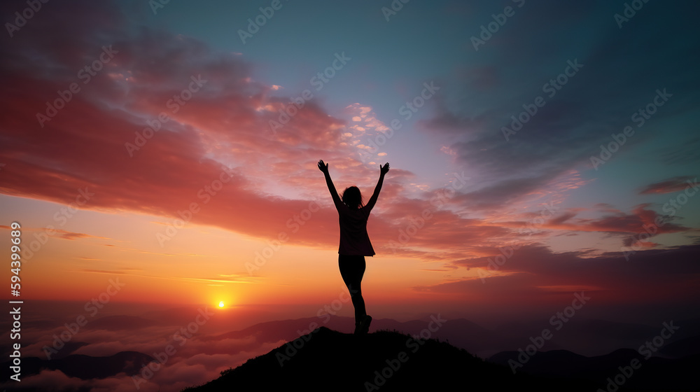 Silhouette of a young woman with arms raised on top of a mountain above the clouds at sunset or sunrise. Generative AI