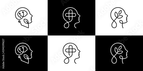 Collection of mental health logo. Psychotherapy symbol concept isolated on black and white background graphic design vector illustration.