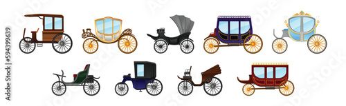 Carriage and Coach as Private Four-wheeled Vehicle Vector Set