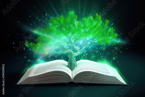 Open Book with green tree and rays of light. Generative AI