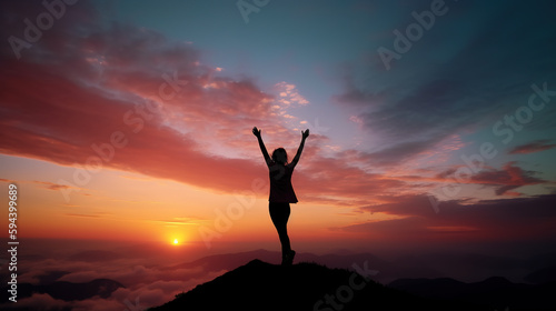 Wallpaper Mural Silhouette of a young woman with arms raised on top of a mountain above the clouds at sunset or sunrise. Generative AI Torontodigital.ca