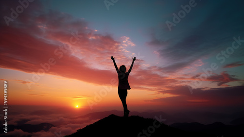 Silhouette of a young woman with arms raised on top of a mountain above the clouds at sunset or sunrise. Generative AI