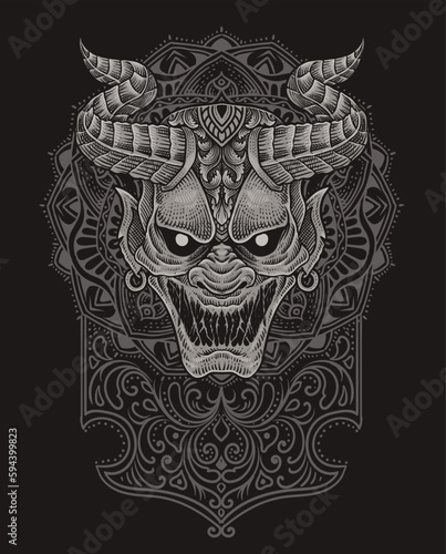 Vector illustration. scary demon mask with vintage engraving ornament style perfect for your business and T shirt merchandise