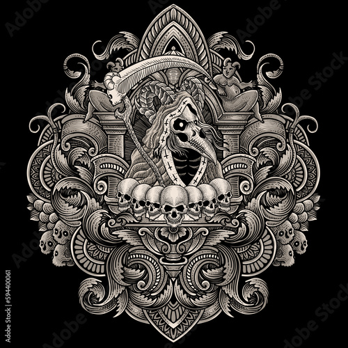 Illustration of scary grim reaper skull with vintage engraving ornament in back perfect for your business and Merchandise © Bayu