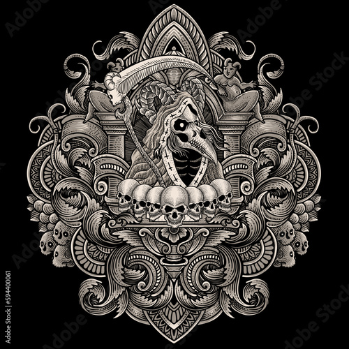 Illustration of scary grim reaper skull with vintage engraving ornament in back perfect for your business and Merchandise