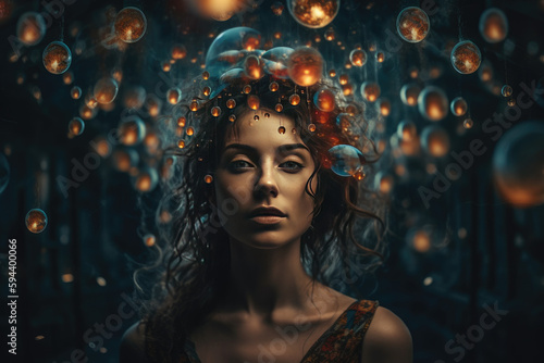 Surreal self-portrait, a mysterious figure surrounded by floating elements, evoking a dreamlike world that transcends reality