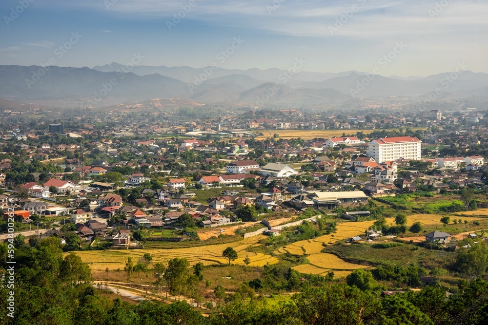 Aerial shot of the City of Xiangkhouang in Laos