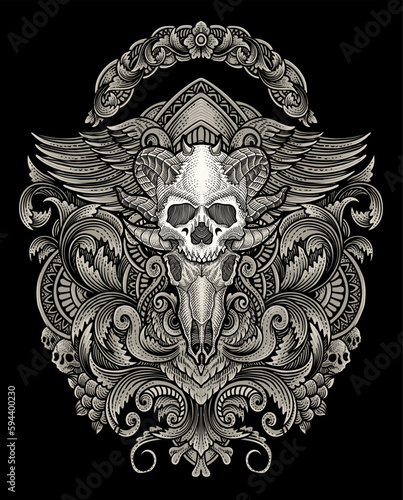 Illustration of demon skull head with vintage engraving ornament in back perfect for your business and Merchandise
